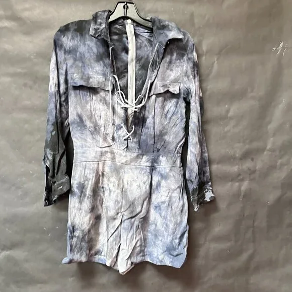 Topshop Romper Short Jumper Off-White Lace Up Club Size 6 Tie Dye Black - Picture 3 of 8